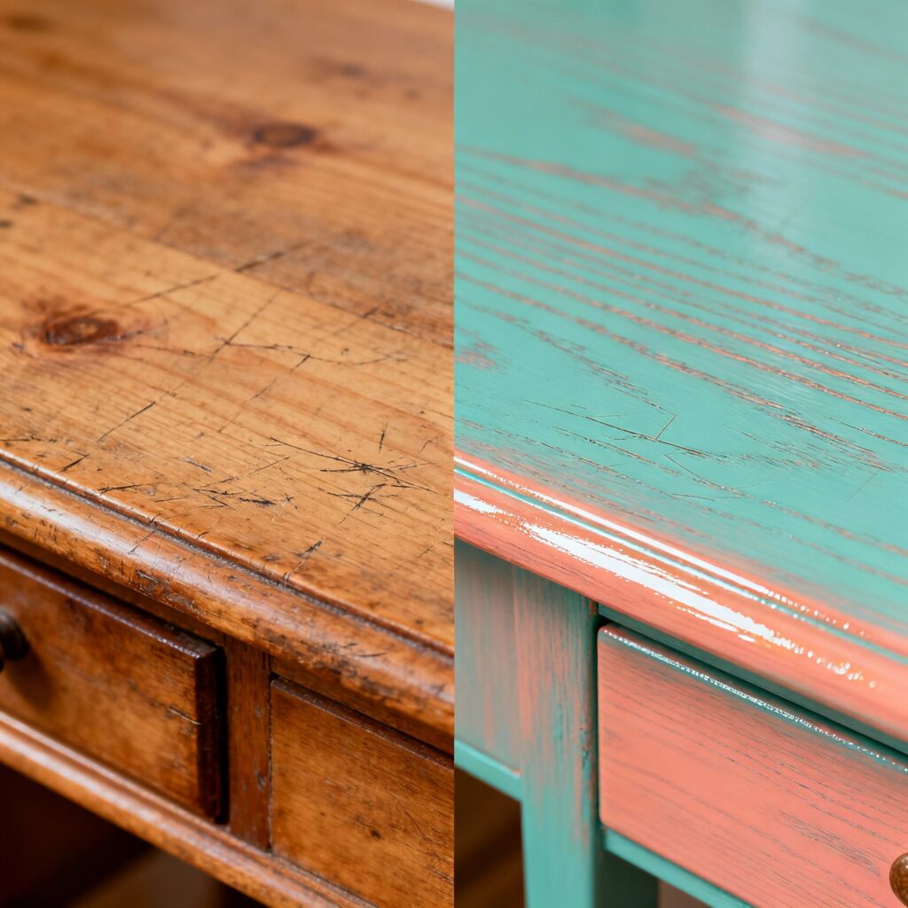 Close‑ups of wood refinishing—scratch removal and varnish shine comparison