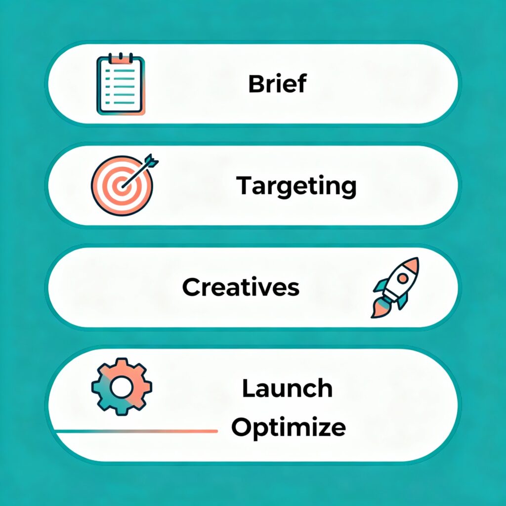 Brief → targeting → creatives → launch → optimize steps for furniture ads